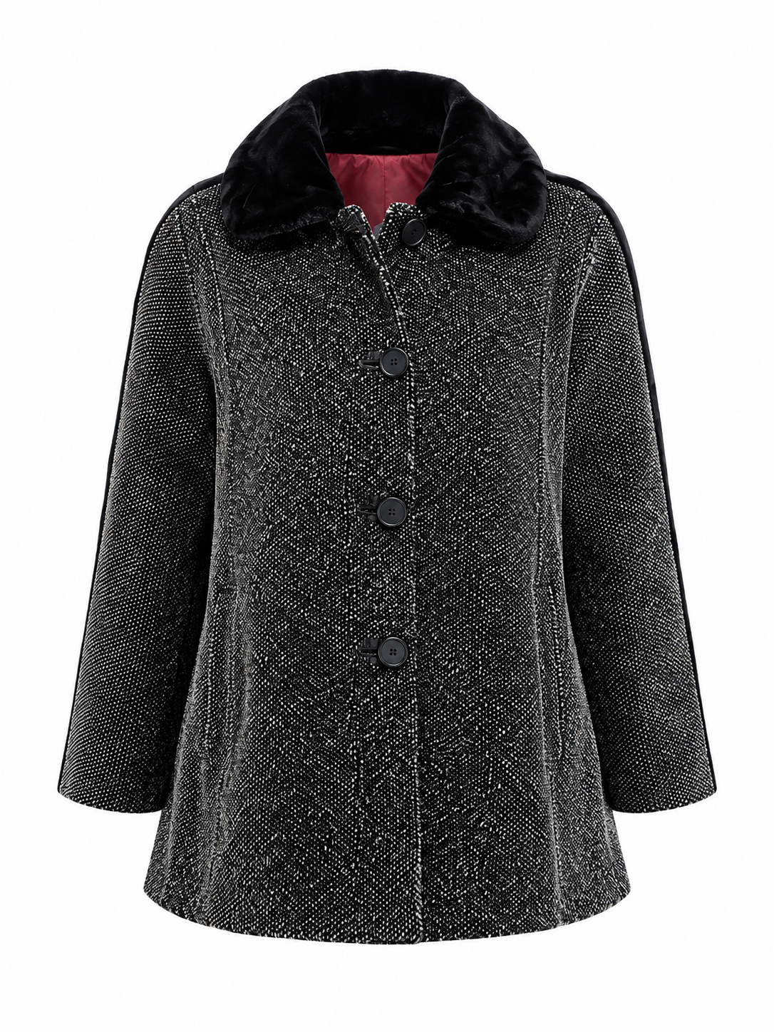  women’s black and white tweed coat with soft black collar, button fastening and stylish flared fit. UK Size L. Ideal for smart-casual outfits.