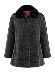  women’s black and white tweed coat with soft black collar, button fastening and stylish flared fit. UK Size L. Ideal for smart-casual outfits.