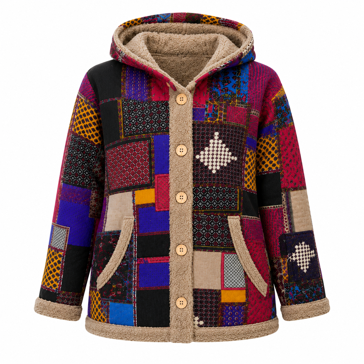  women’s patchwork hooded jacket in UK XL. Colorful boho design with warm sherpa-lined hood, five-button fastening and front pockets. ⭐⭐⭐⭐