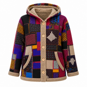  women’s patchwork hooded jacket in UK XL. Colorful boho design with warm sherpa-lined hood, five-button fastening and front pockets. ⭐⭐⭐⭐