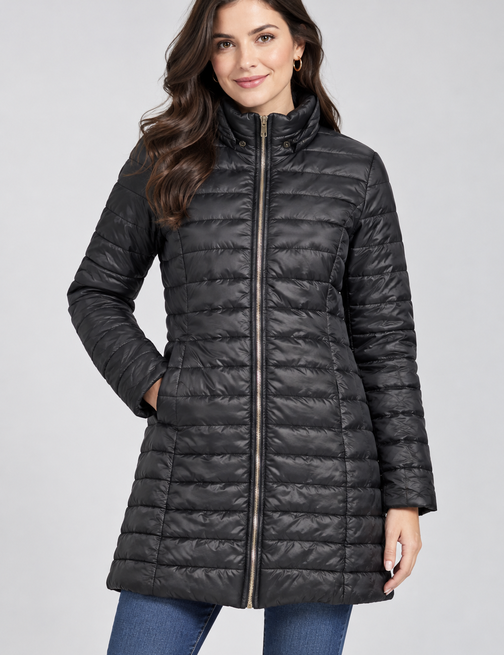   Rising women’s black quilted puffer coat in UK XL. Longline padded design with high collar and full zip, ideal for stylish winter wear.