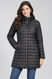  Rising women’s black quilted puffer coat in UK XL. Longline padded design with high collar and full zip, ideal for stylish winter wear.