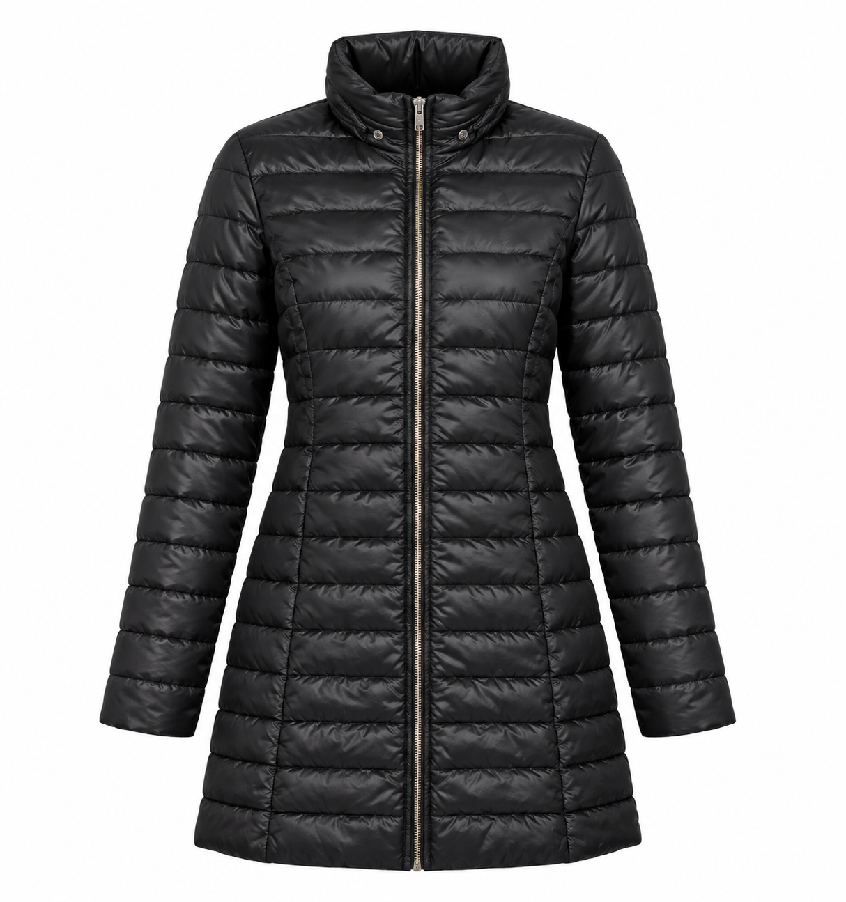   Rising women’s black quilted puffer coat in UK XL. Longline padded design with high collar and full zip, ideal for stylish winter wear.