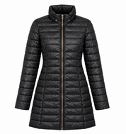   Rising women’s black quilted puffer coat in UK XL. Longline padded design with high collar and full zip, ideal for stylish winter wear.