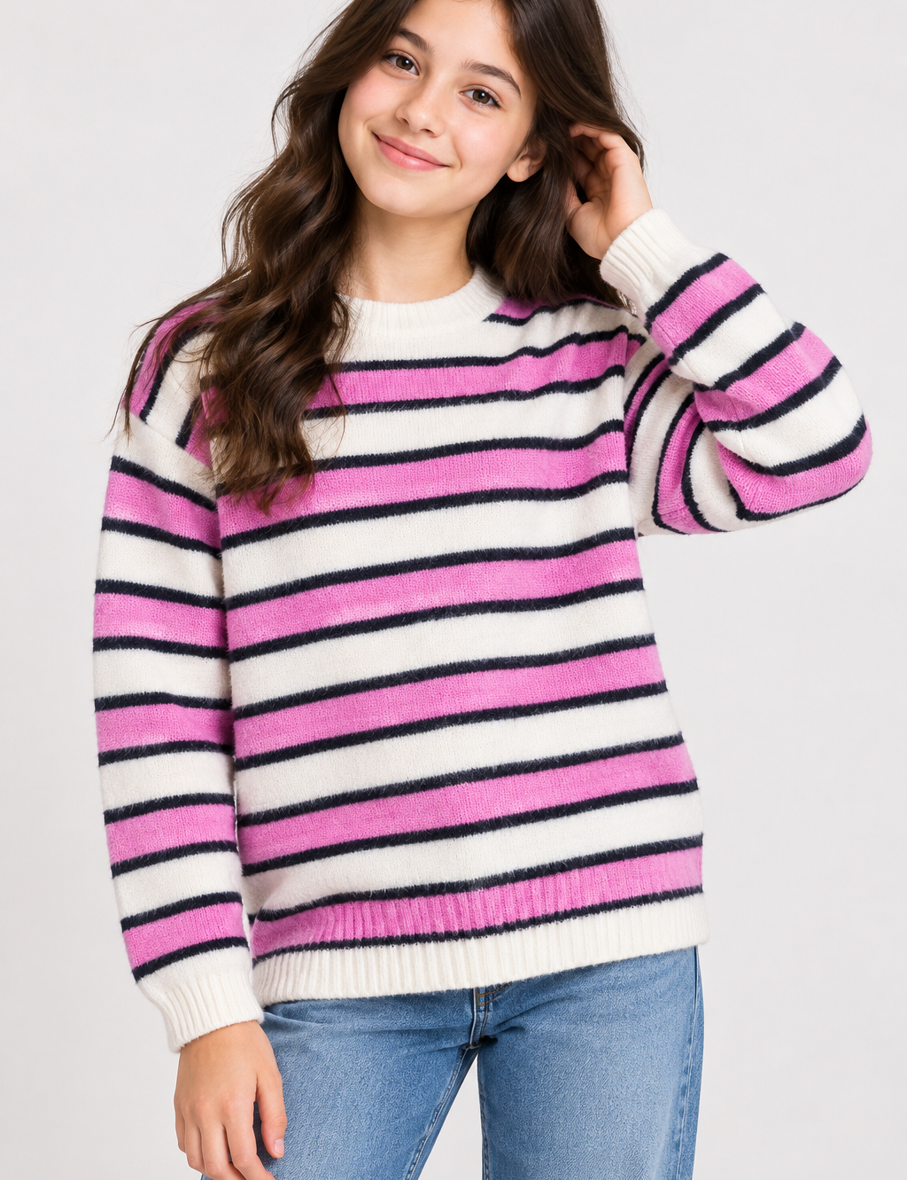 this Rita Ora girls striped knitted jumper in UK Size M, featuring pink, cream and navy stripes with a cosy crew neck and long-sleeve design.