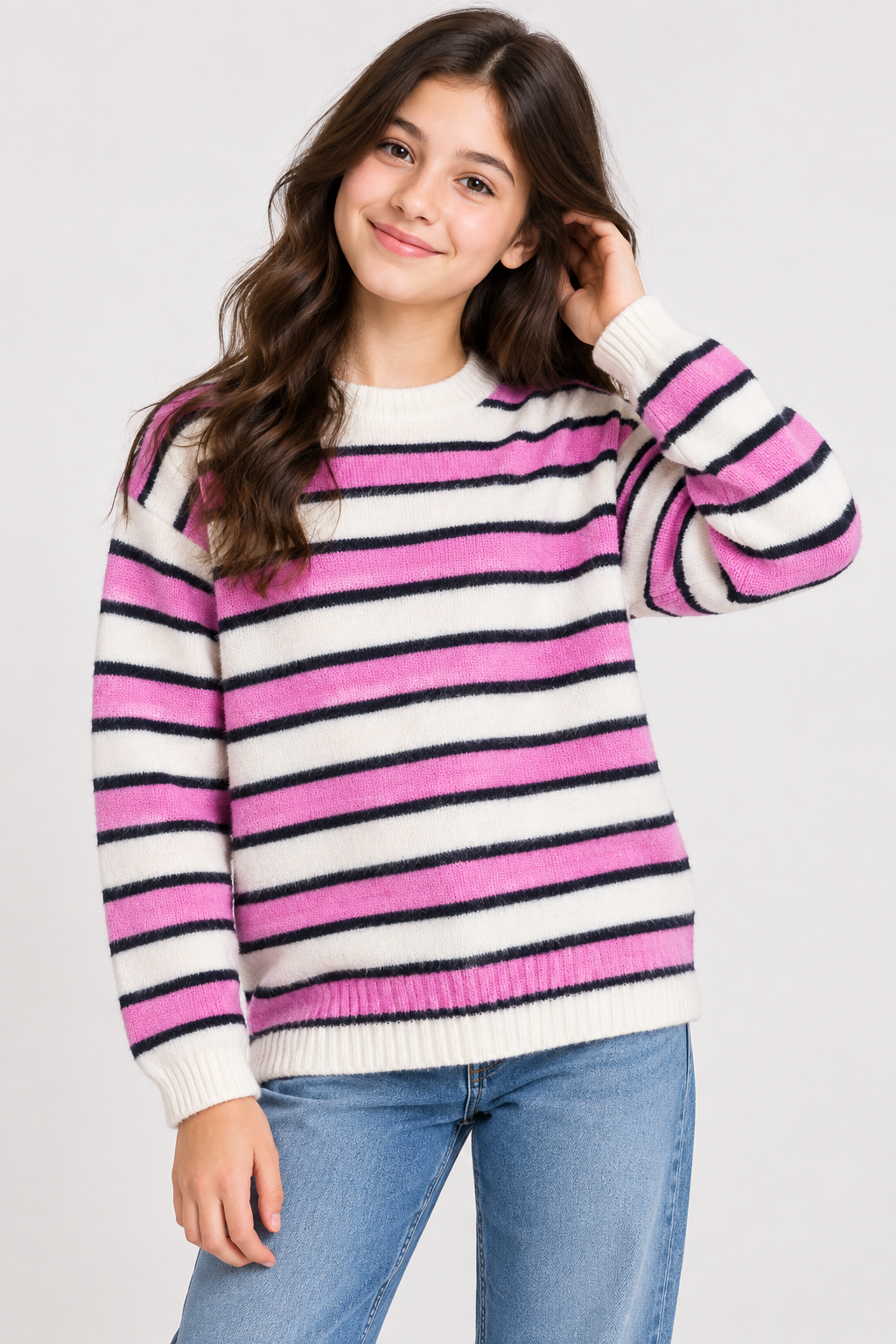 this Rita Ora girls striped knitted jumper in UK Size M, featuring pink, cream and navy stripes with a cosy crew neck and long-sleeve design.