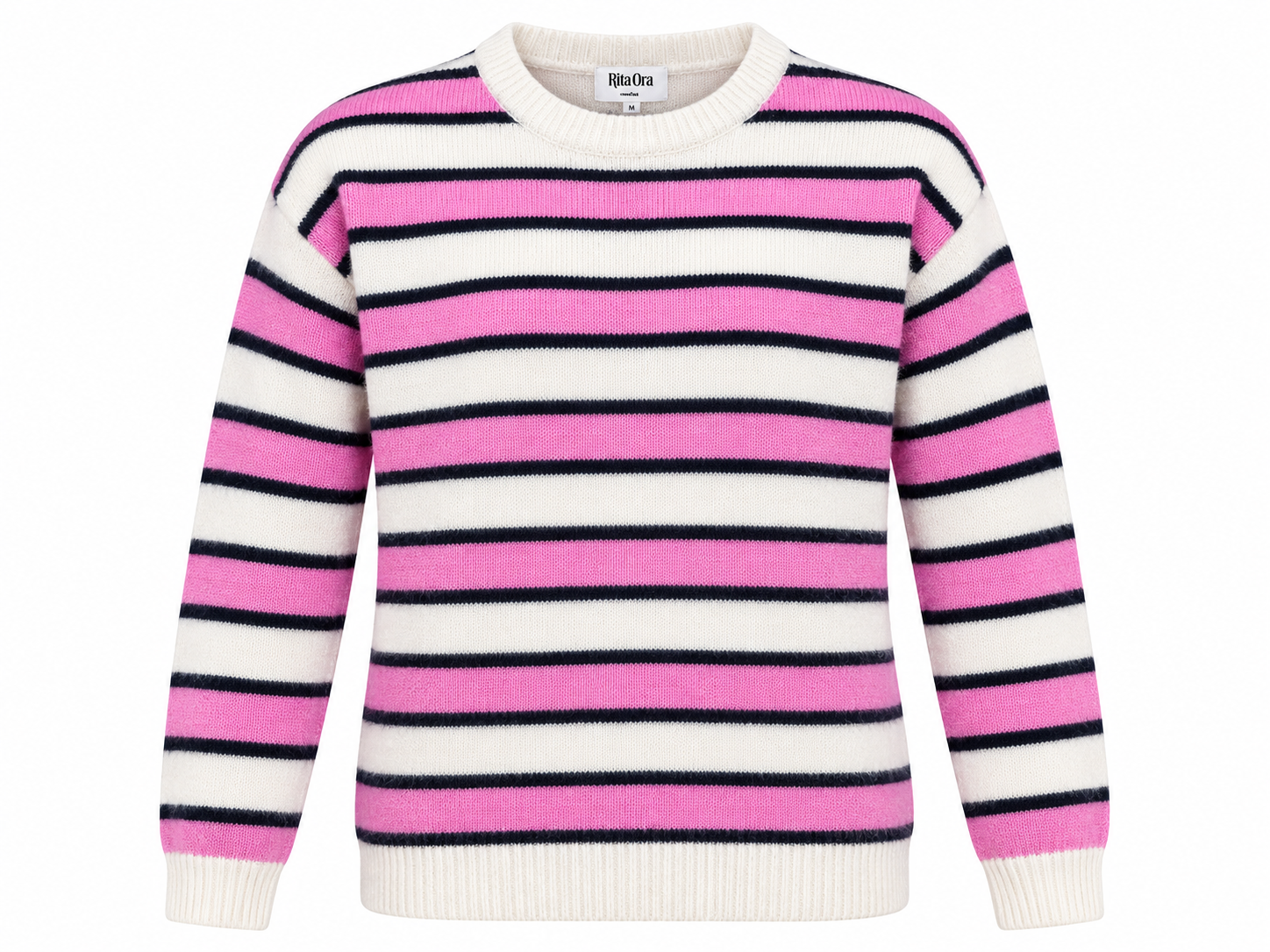  this Rita Ora girls striped knitted jumper in UK Size M, featuring pink, cream and navy stripes with a cosy crew neck and long-sleeve design.
