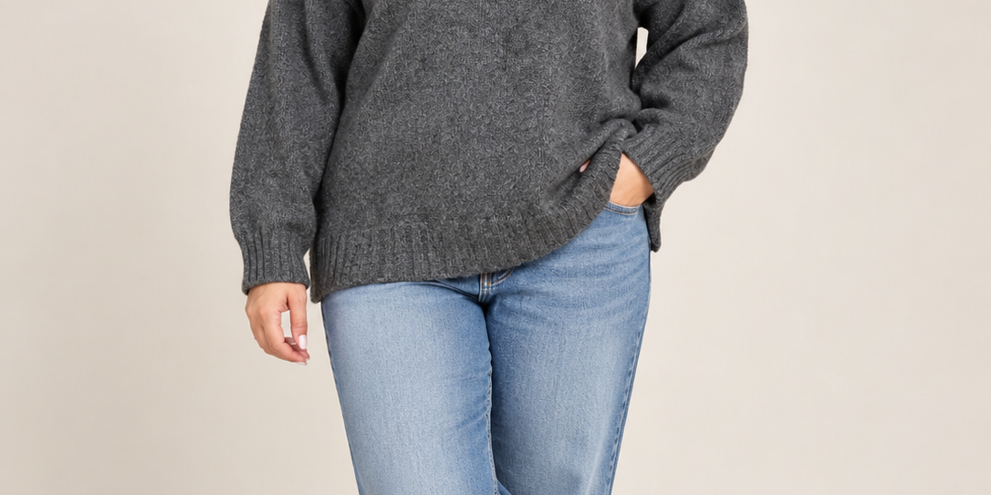 Rita Ora women's charcoal grey high neck knitted jumper in UK size M. Relaxed fit, ribbed cuffs, 25-inch chest and 25-inch length. Shop now!