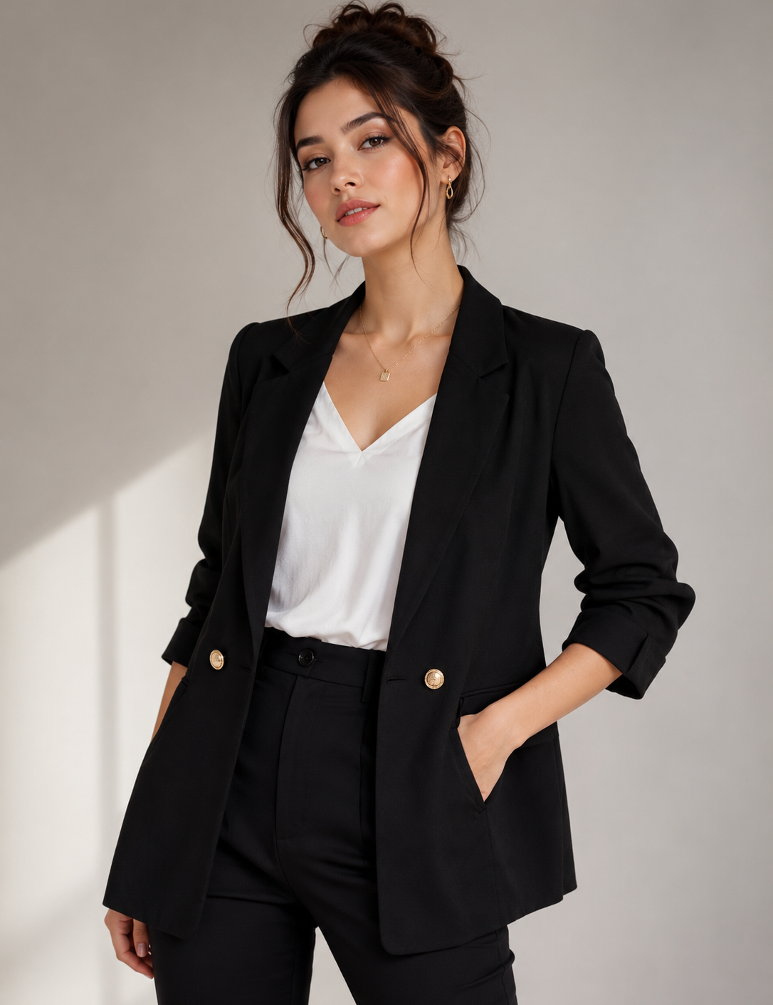 RIVER ISLAND black tailored blazer in UK size 12. Stylish women’s formal jacket featuring gold buttons, lapel collar and front pockets.