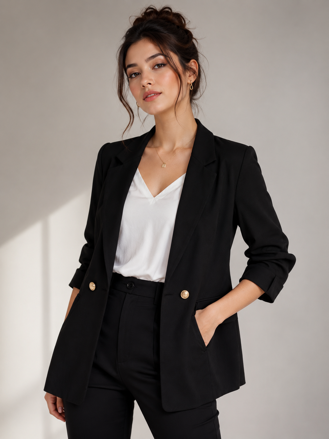 RIVER ISLAND black tailored blazer in UK size 12. Stylish women’s formal jacket featuring gold buttons, lapel collar and front pockets.