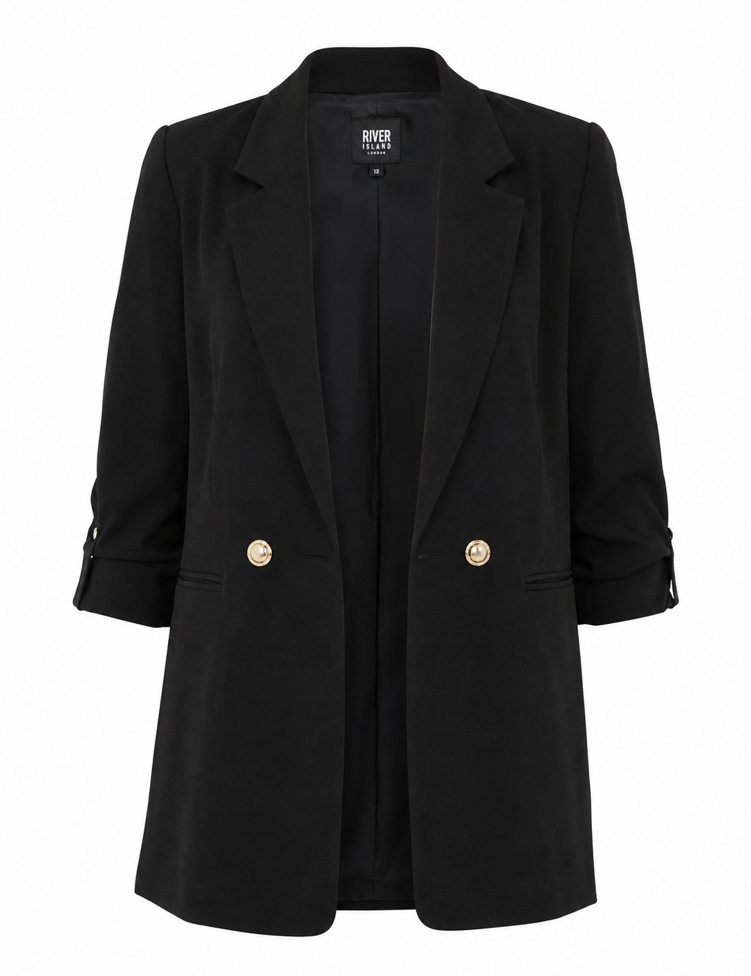 RIVER ISLAND black tailored blazer in UK size 12. Stylish women’s formal jacket featuring gold buttons, lapel collar and front pockets.