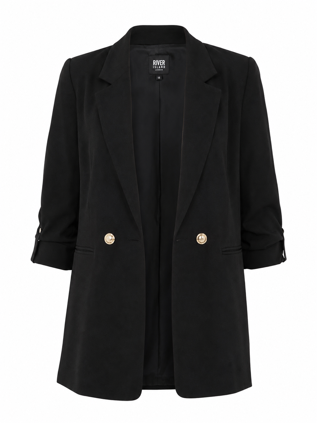 RIVER ISLAND black tailored blazer in UK size 12. Stylish women’s formal jacket featuring gold buttons, lapel collar and front pockets.
