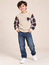 River Island Boys Cream Waffle Knit Jumper with Check Sleeves & Pocket