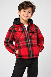  River Island Boys Red & Black Checked Hooded Jacket, UK Size 7-8 Years. Stylish plaid design, zip fastening and chest pockets for casual wear.