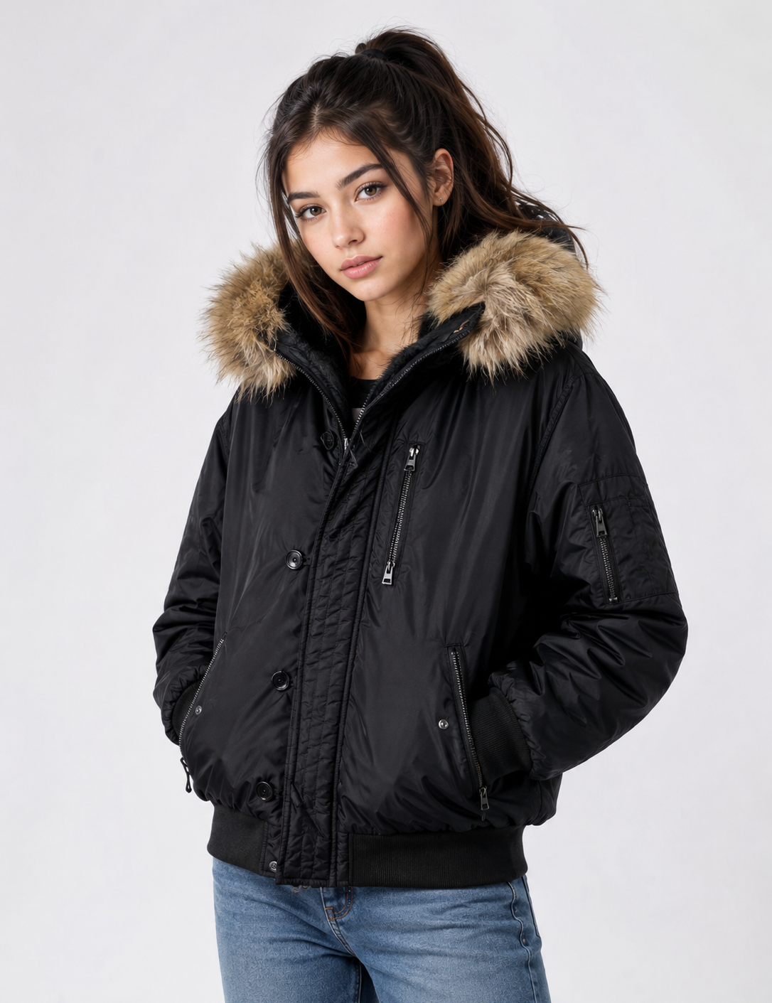  River Island girls' black faux-fur hooded puffer jacket in UK size L. Warm padded winter coat with zip pockets, ribbed cuffs and stylish design.