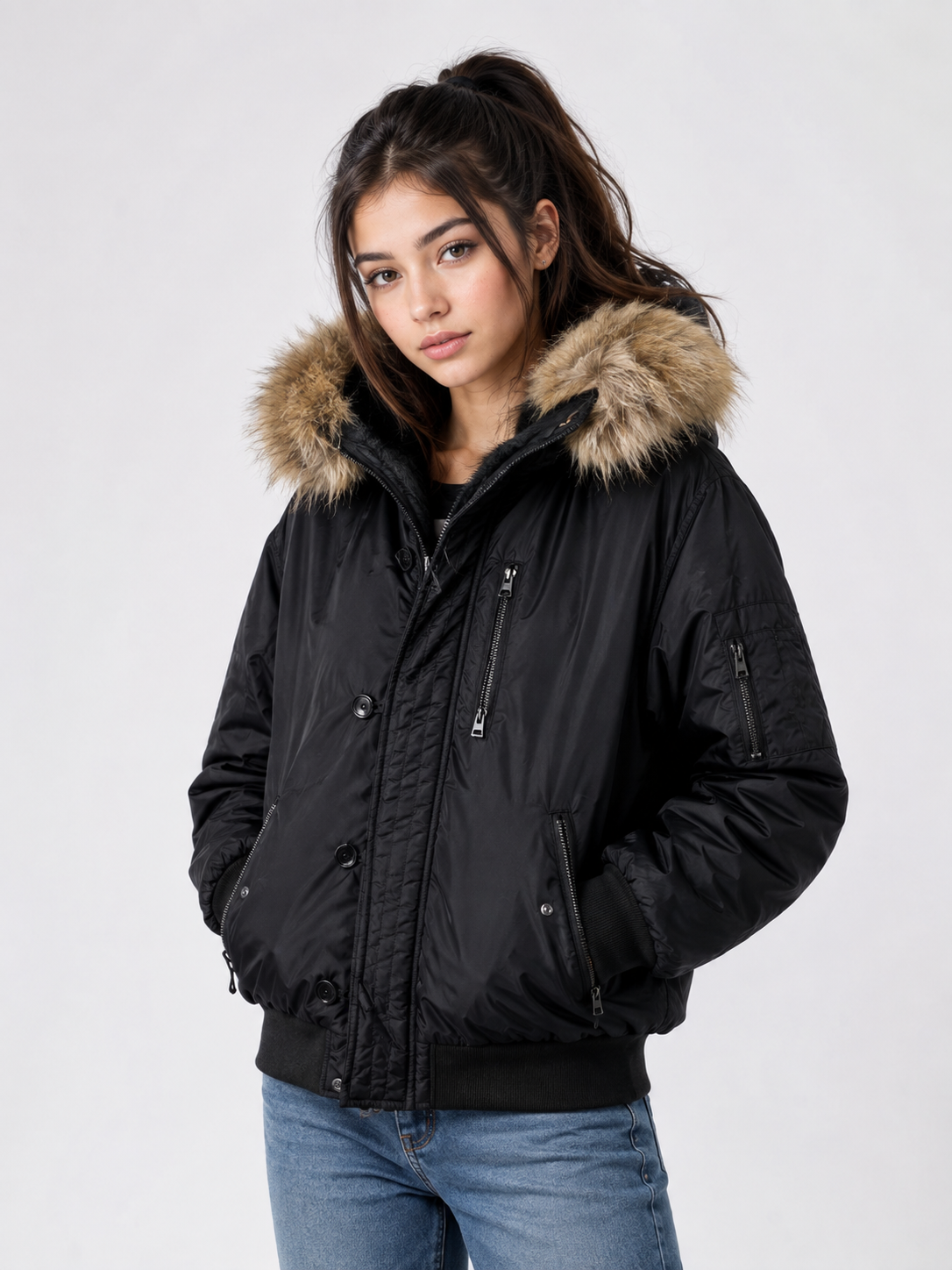  River Island girls' black faux-fur hooded puffer jacket in UK size L. Warm padded winter coat with zip pockets, ribbed cuffs and stylish design.