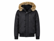  River Island girls' black faux-fur hooded puffer jacket in UK size L. Warm padded winter coat with zip pockets, ribbed cuffs and stylish design.