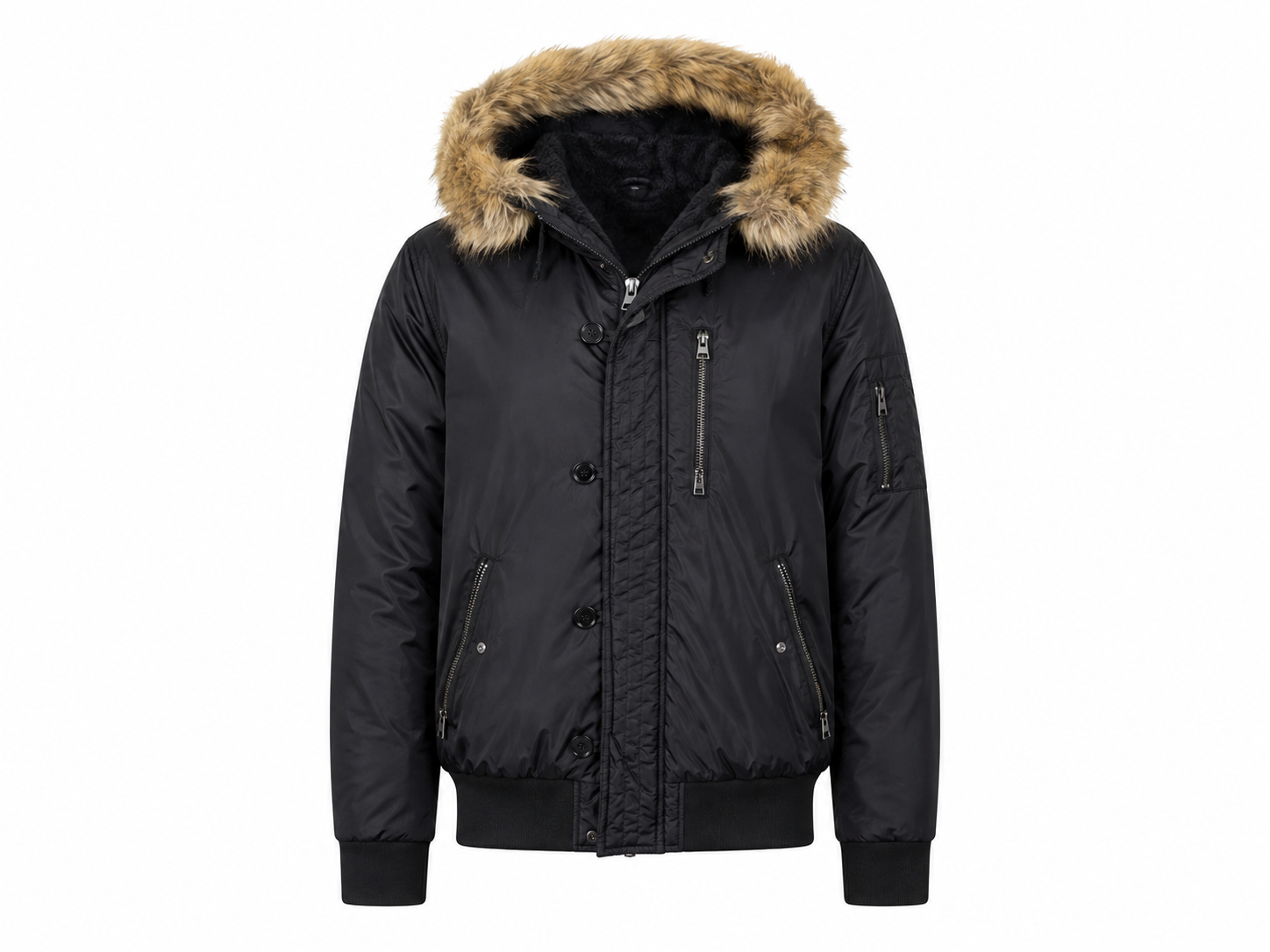  River Island girls' black faux-fur hooded puffer jacket in UK size L. Warm padded winter coat with zip pockets, ribbed cuffs and stylish design.