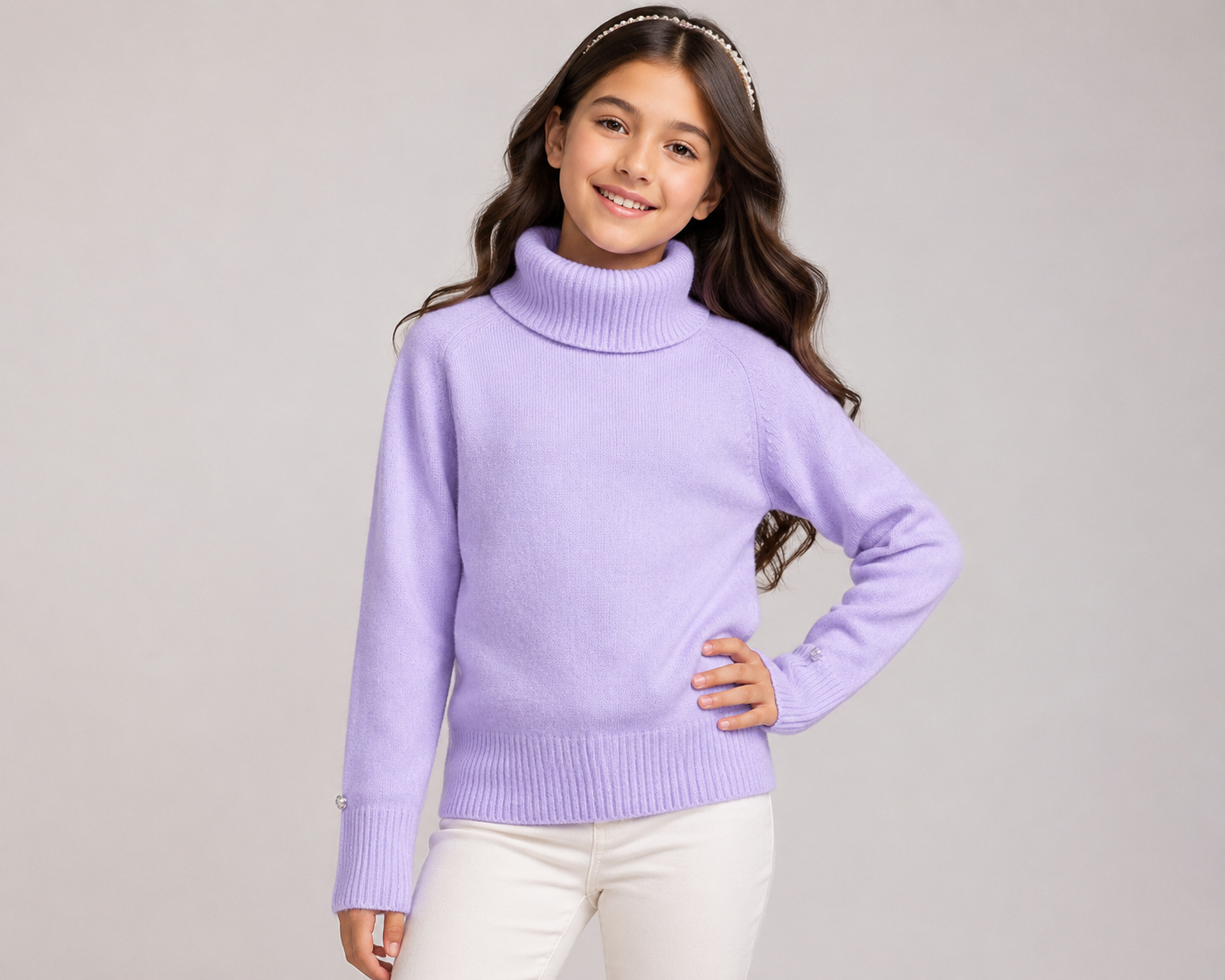  River Island Girls’ Lilac Lavender Ribbed Turtleneck Jumper in UK Size M. Soft knitted style, long sleeves and ribbed details—perfect for stylish everyday wear.