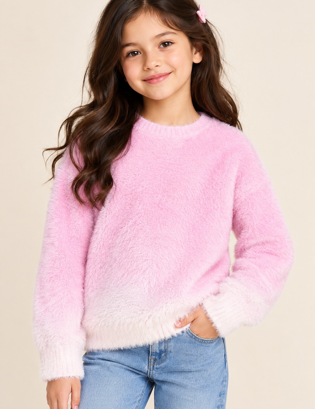 River Island girls pink & white fluffy ombre jumper in UK size 7–8 years. Soft, cosy and stylish knitwear perfect for everyday winter wear.