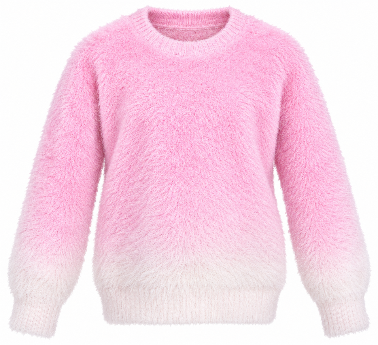  River Island girls pink & white fluffy ombre jumper in UK size 7–8 years. Soft, cosy and stylish knitwear perfect for everyday winter wear.