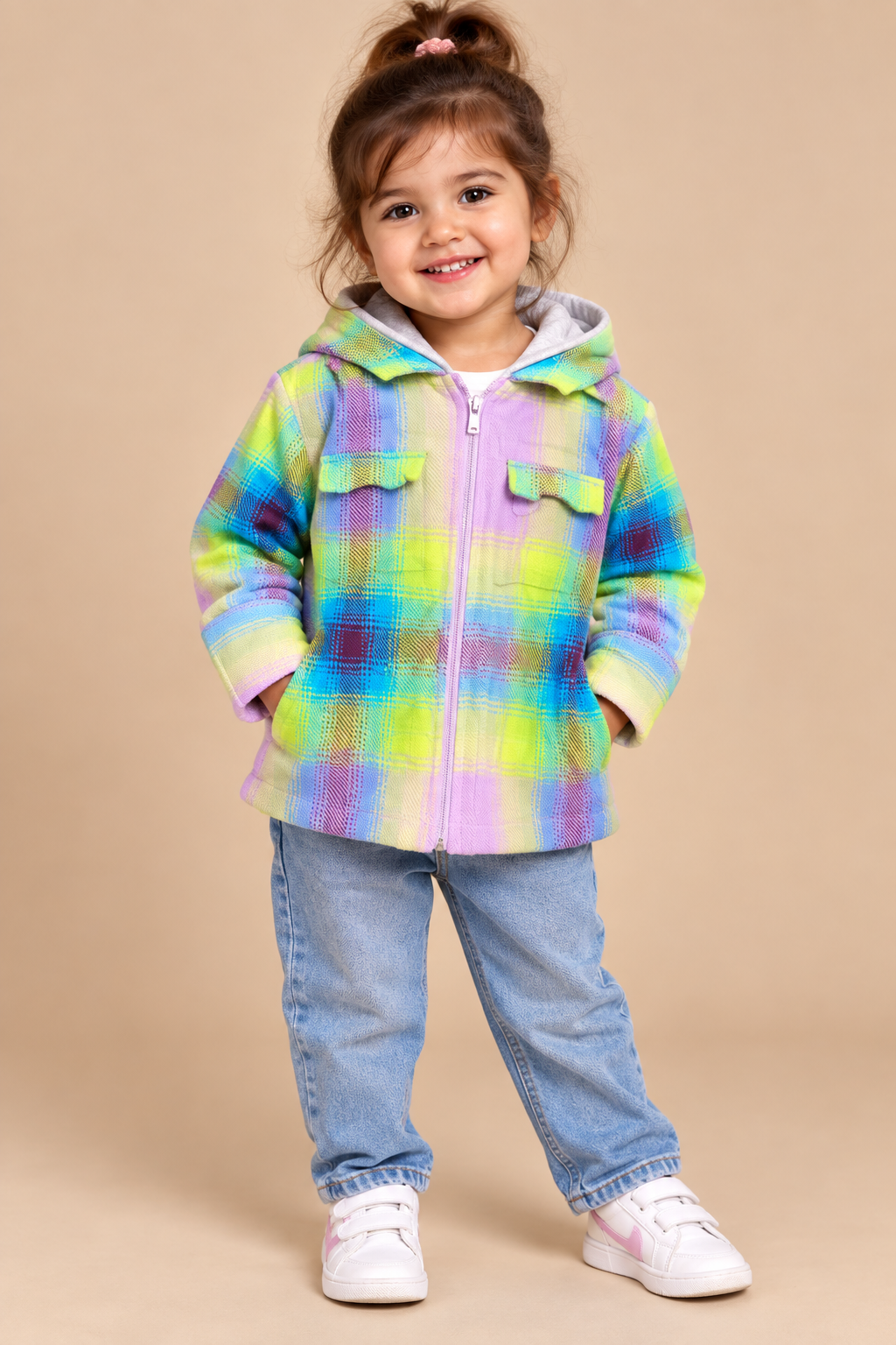  River Island Kids multicolour check hooded zip jacket in UK size 2–3 years. A colourful and comfortable layer for everyday wear.