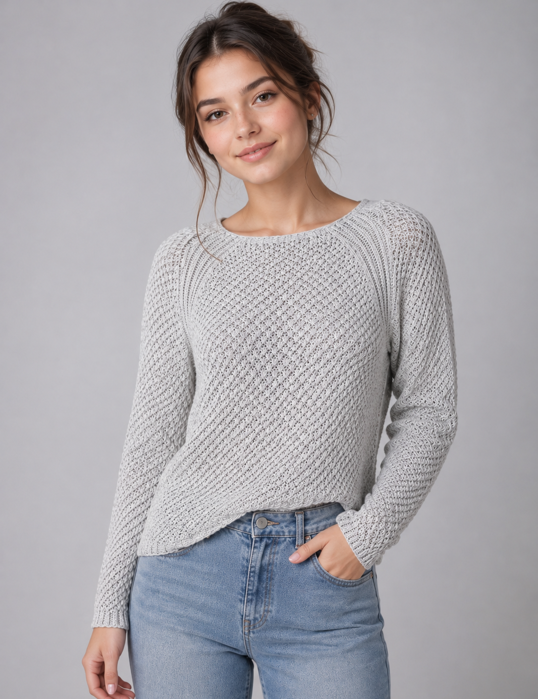 River Island light grey knitted sweater in UK Size 12. Stylish open-knit texture, long sleeves and relaxed fit, perfect for casual everyday outfits.