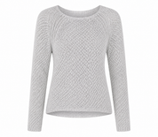 River Island light grey knitted sweater in UK Size 12. Stylish open-knit texture, long sleeves and relaxed fit, perfect for casual everyday outfits.