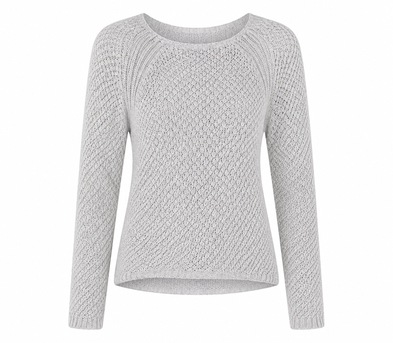 River Island light grey knitted sweater in UK Size 12. Stylish open-knit texture, long sleeves and relaxed fit, perfect for casual everyday outfits.