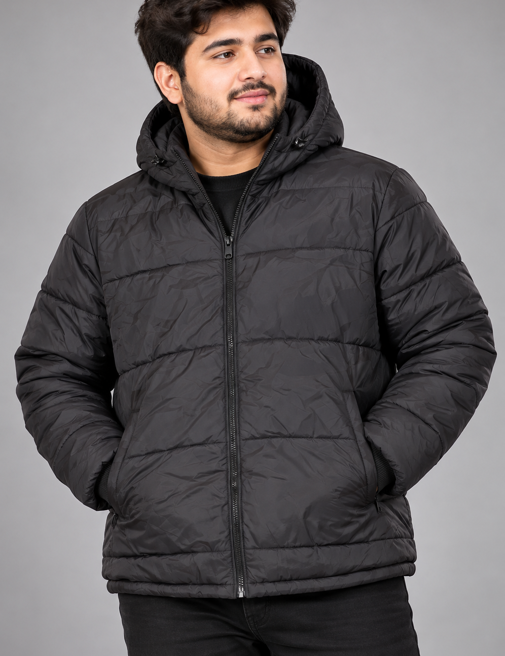 RIVER ISLAND Men’s Black Hooded Puffer Jacket in UK Size L. A warm quilted winter coat with full zip, padded hood and practical pockets.