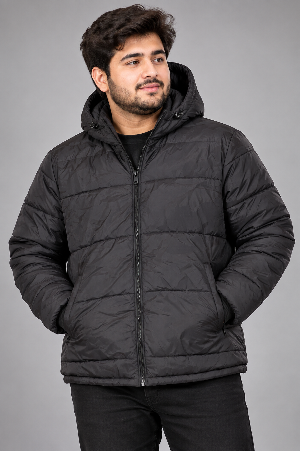 RIVER ISLAND Men’s Black Hooded Puffer Jacket in UK Size L. A warm quilted winter coat with full zip, padded hood and practical pockets.