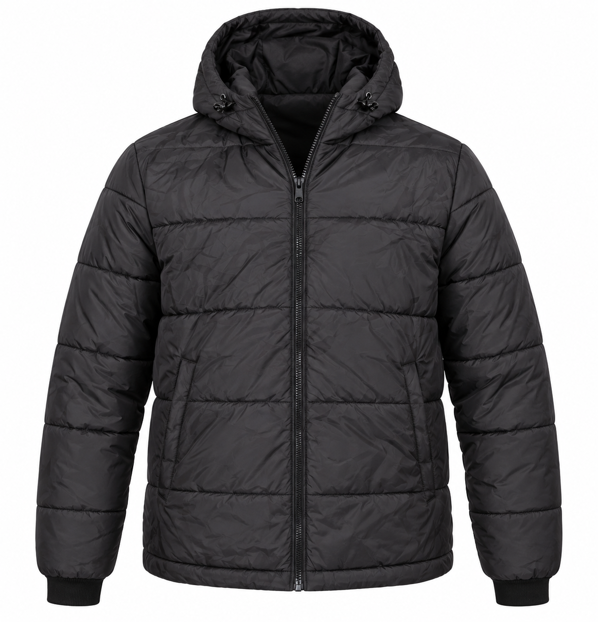 RIVER ISLAND Men’s Black Hooded Puffer Jacket in UK Size L. A warm quilted winter coat with full zip, padded hood and practical pockets.