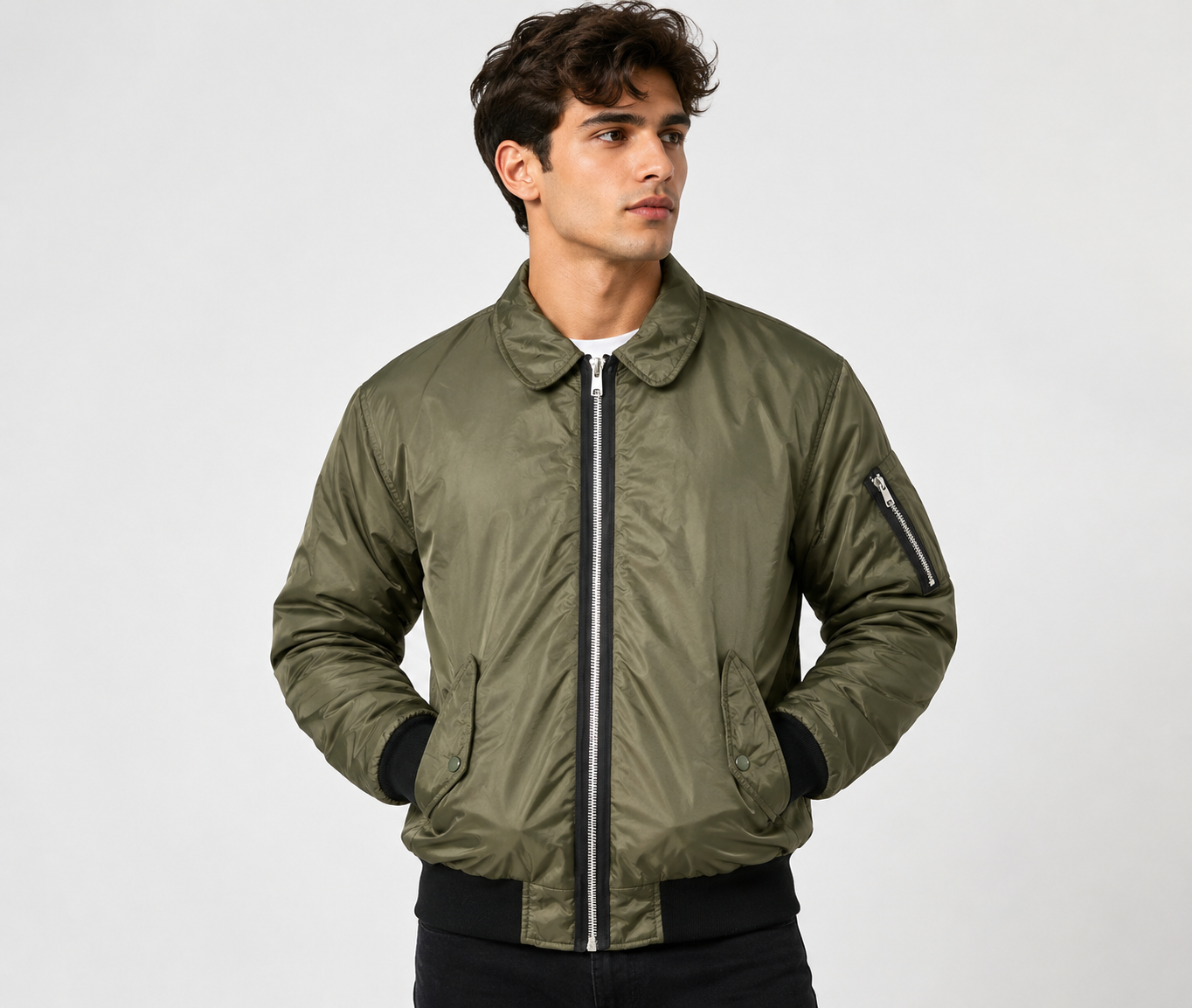  River Island Men's Olive Green Bomber Jacket in UK Size M. Stylish zip-front design with ribbed cuffs, pockets and classic bomber styling.