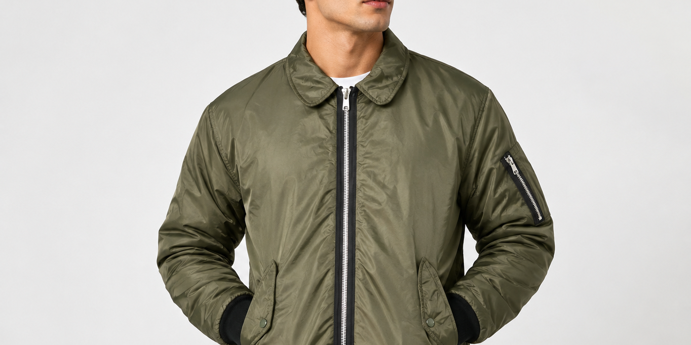  River Island Men's Olive Green Bomber Jacket in UK Size M. Stylish zip-front design with ribbed cuffs, pockets and classic bomber styling.