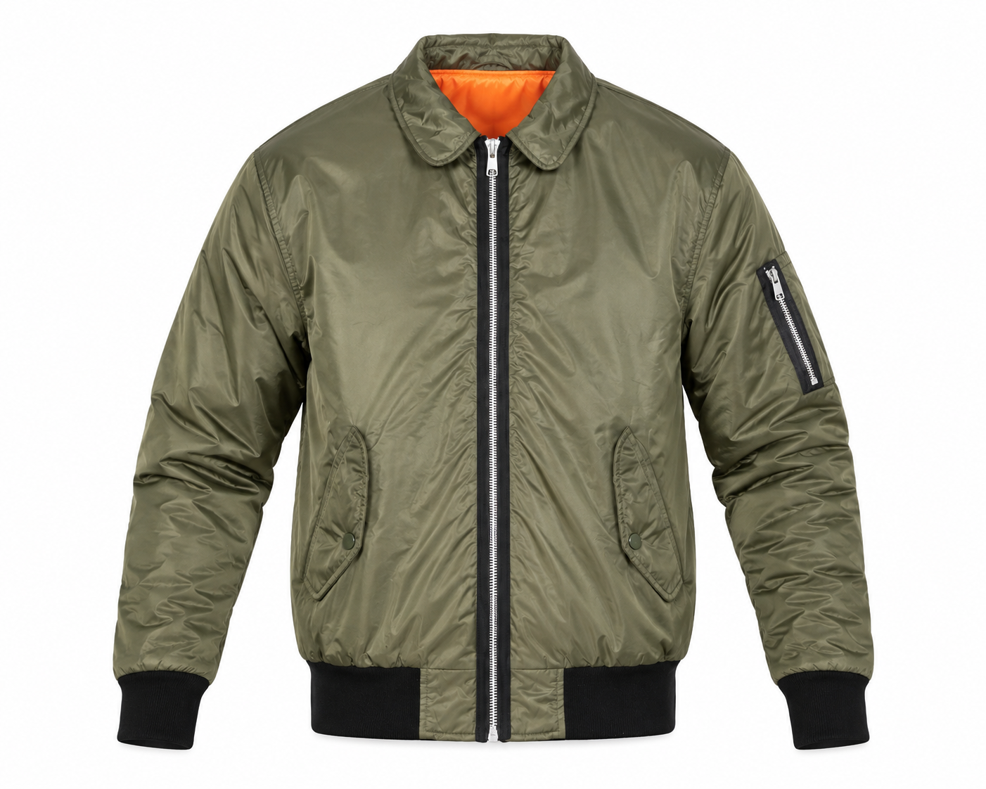  River Island Men's Olive Green Bomber Jacket in UK Size M. Stylish zip-front design with ribbed cuffs, pockets and classic bomber styling.