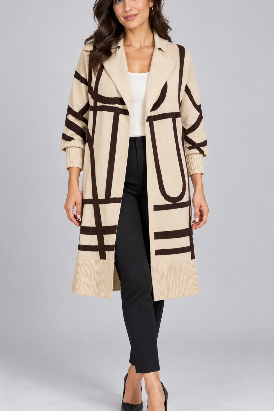   River Island women’s beige and brown geometric longline cardigan in UK XS, featuring an open front, draped collar and ribbed detailing.