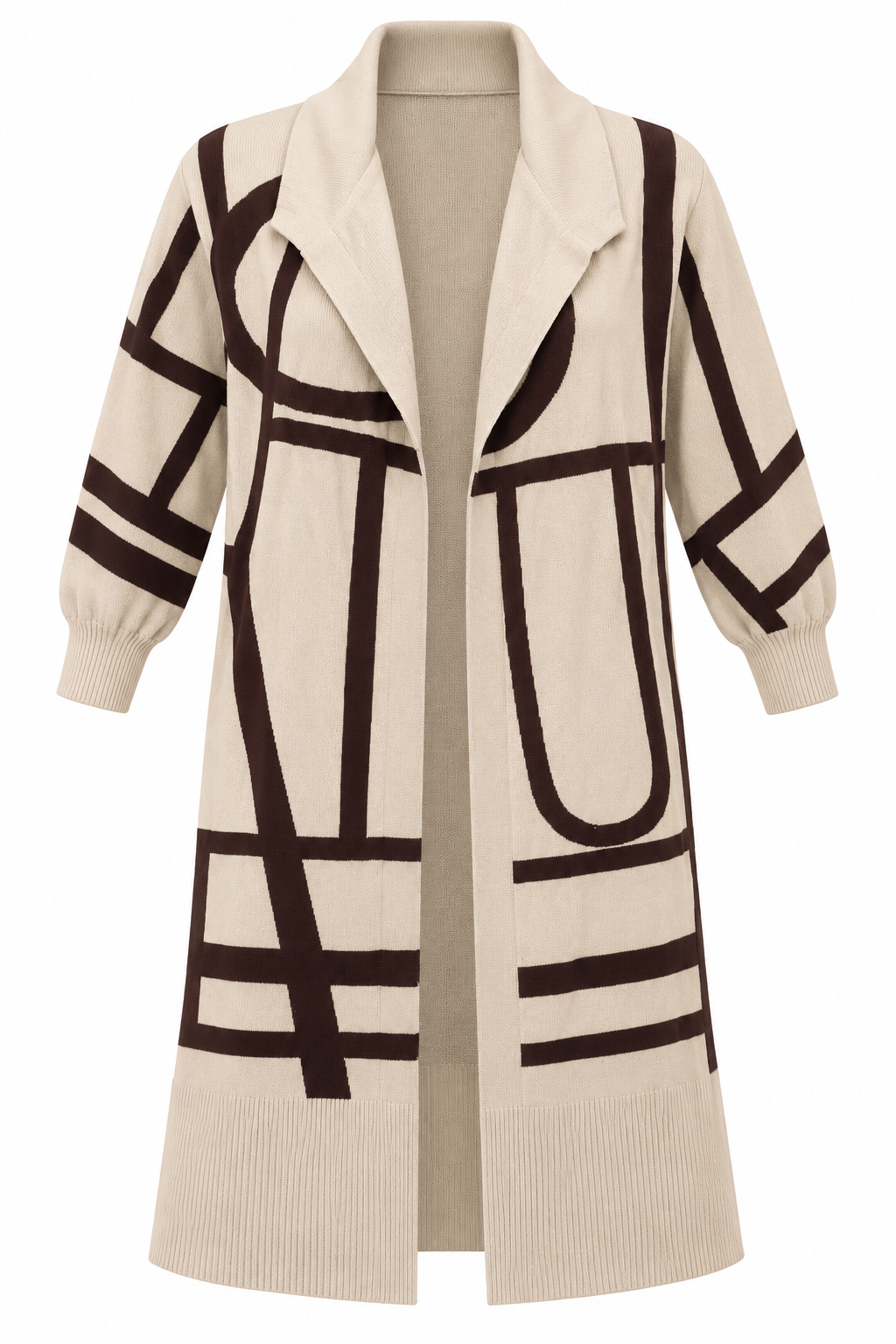   River Island women’s beige and brown geometric longline cardigan in UK XS, featuring an open front, draped collar and ribbed detailing.