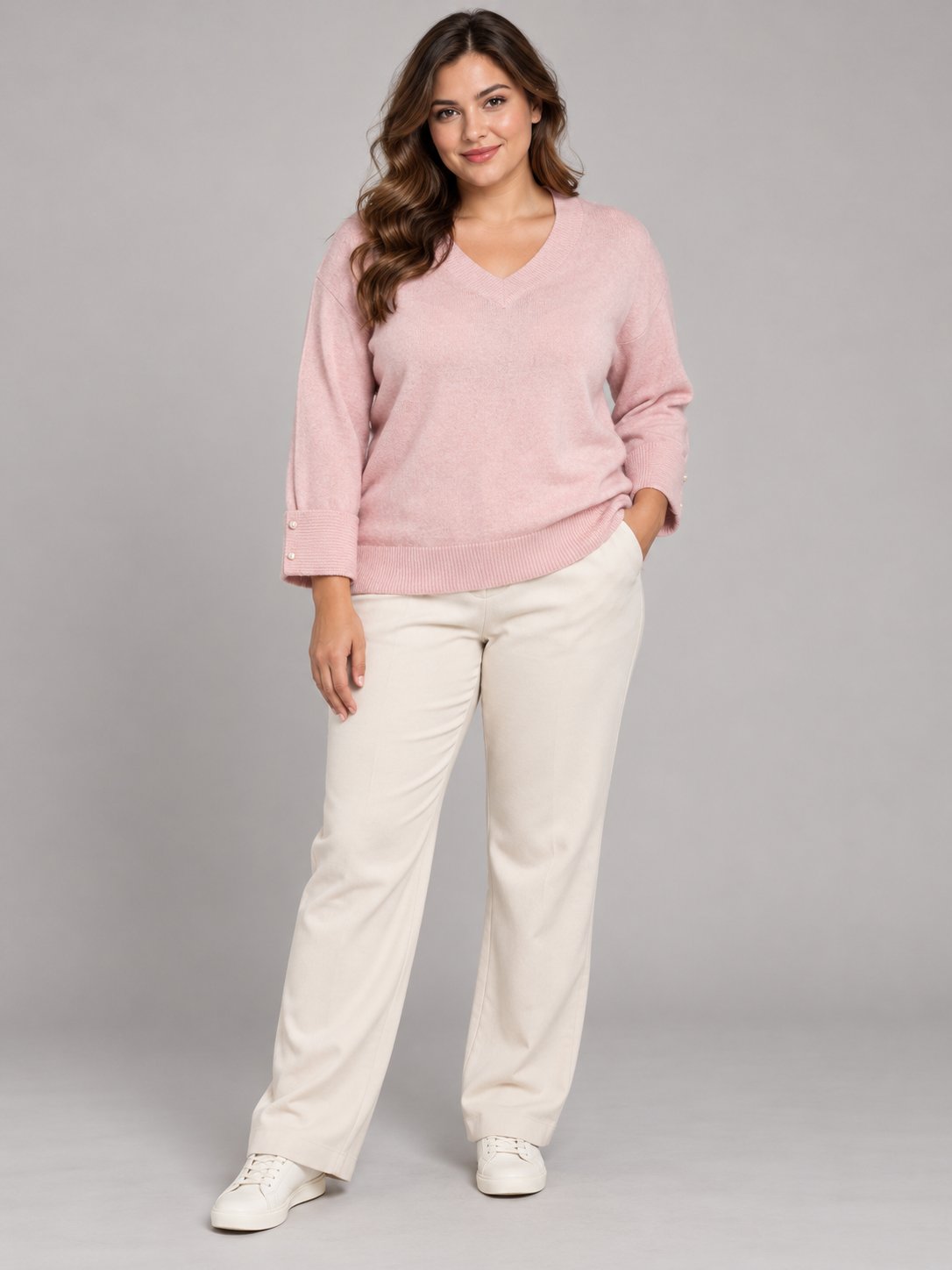   River Island blush pink V-neck knit jumper in UK size 20. Soft knit fabric, pearl-button cuff detail and a flattering everyday fit.