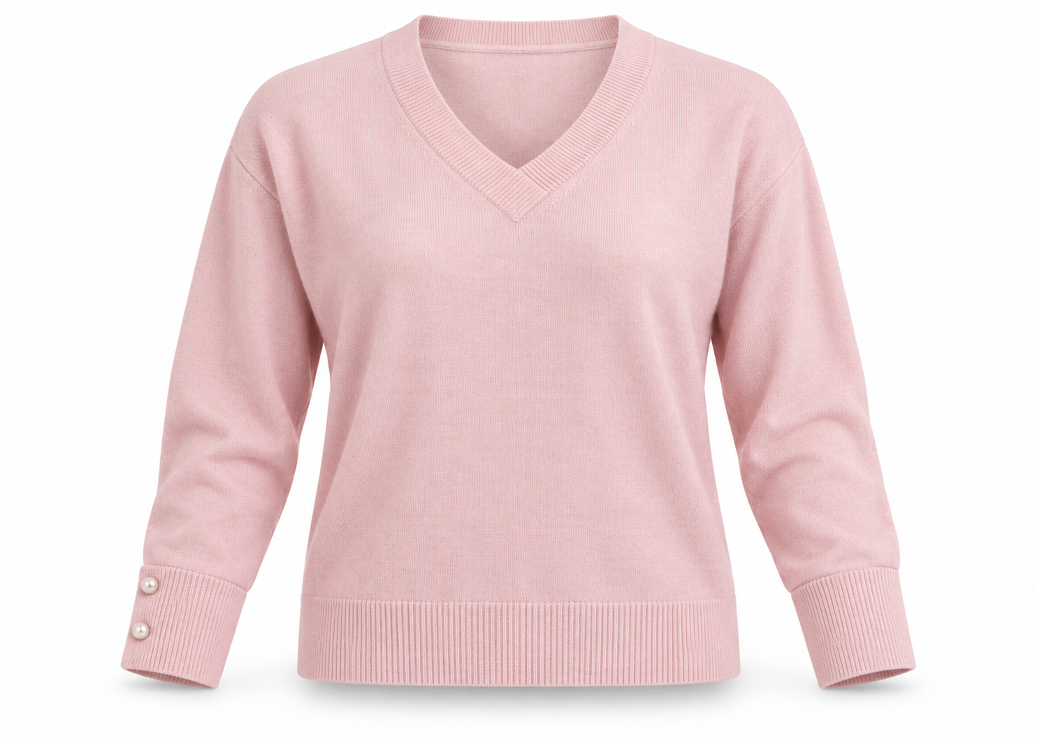   River Island blush pink V-neck knit jumper in UK size 20. Soft knit fabric, pearl-button cuff detail and a flattering everyday fit.