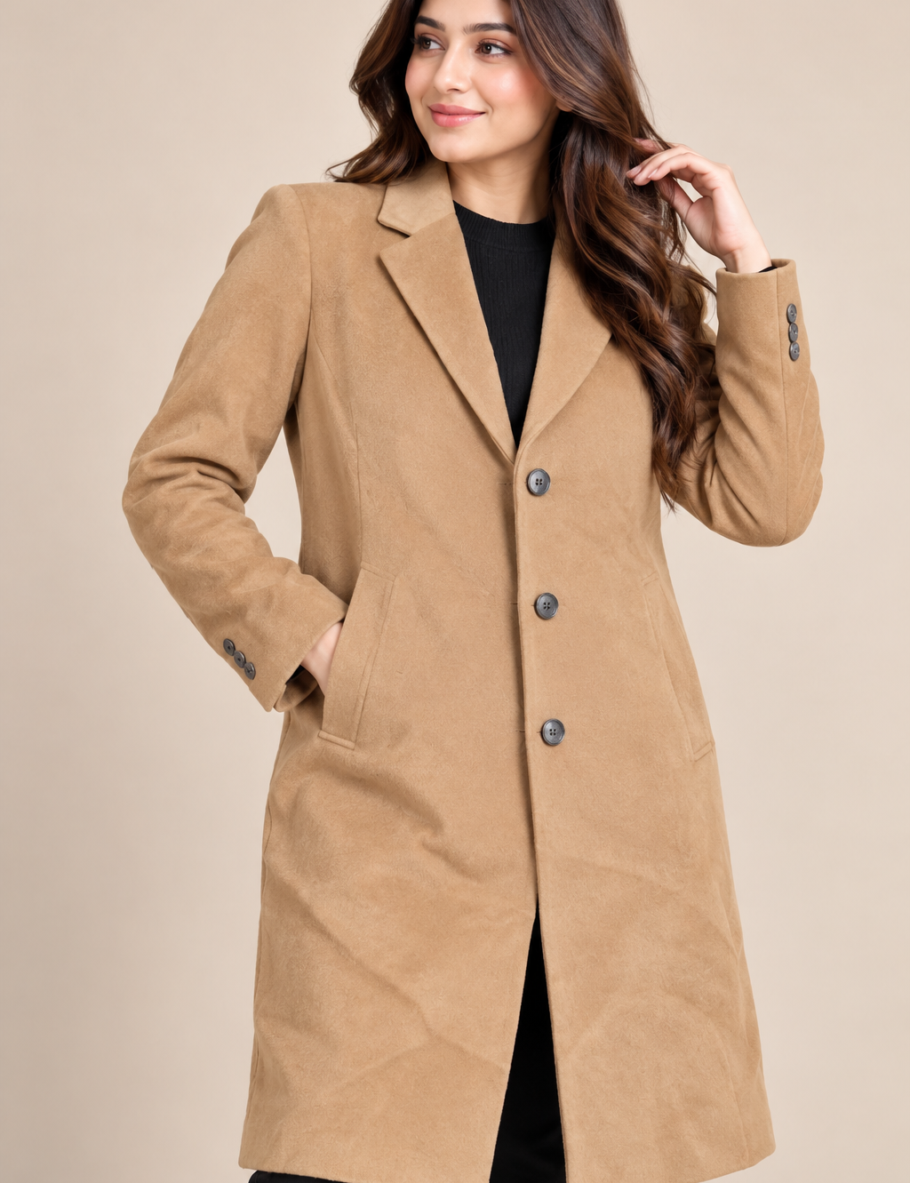  this RIVER ISLAND women’s camel longline coat in UK Size L, featuring a classic tailored design, lapel collar, button front and stylish everyday fit.