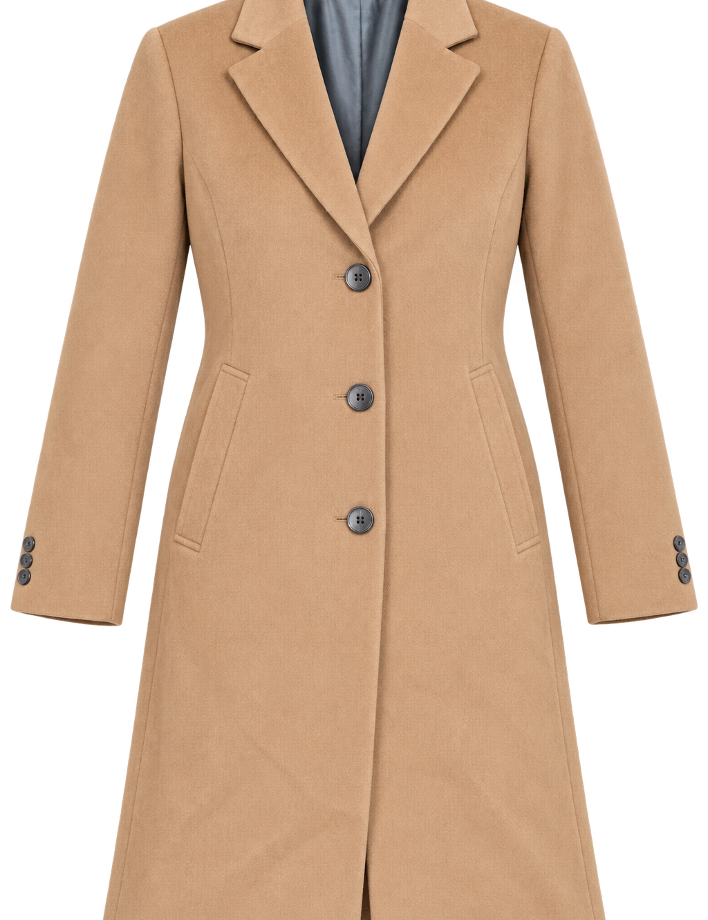  this RIVER ISLAND women’s camel longline coat in UK Size L, featuring a classic tailored design, lapel collar, button front and stylish everyday fit.