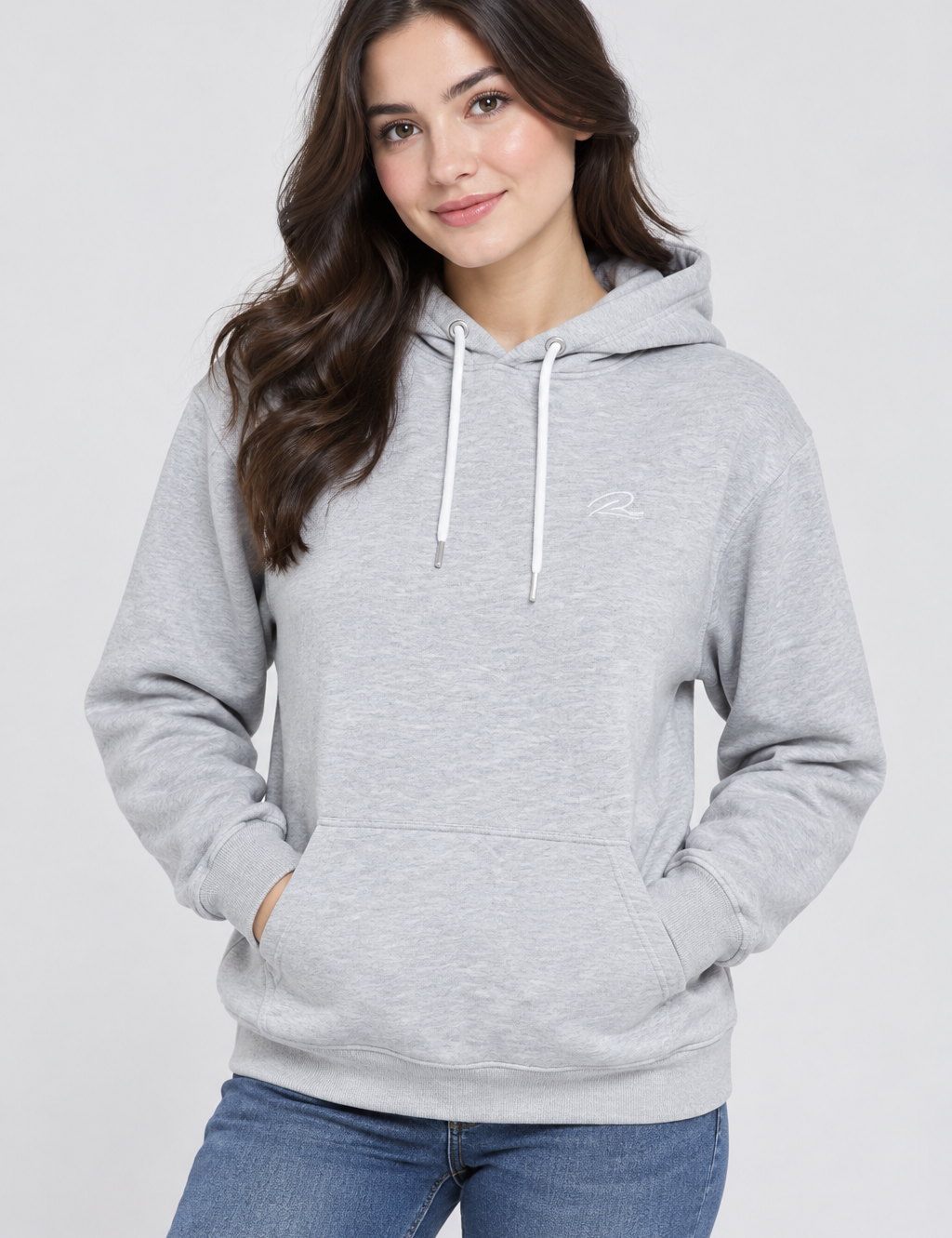 River Island women’s light grey hoodie in UK size M. Comfortable pullover design with drawstring hood, kangaroo pocket and ribbed cuffs—perfect for casual everyday wear.