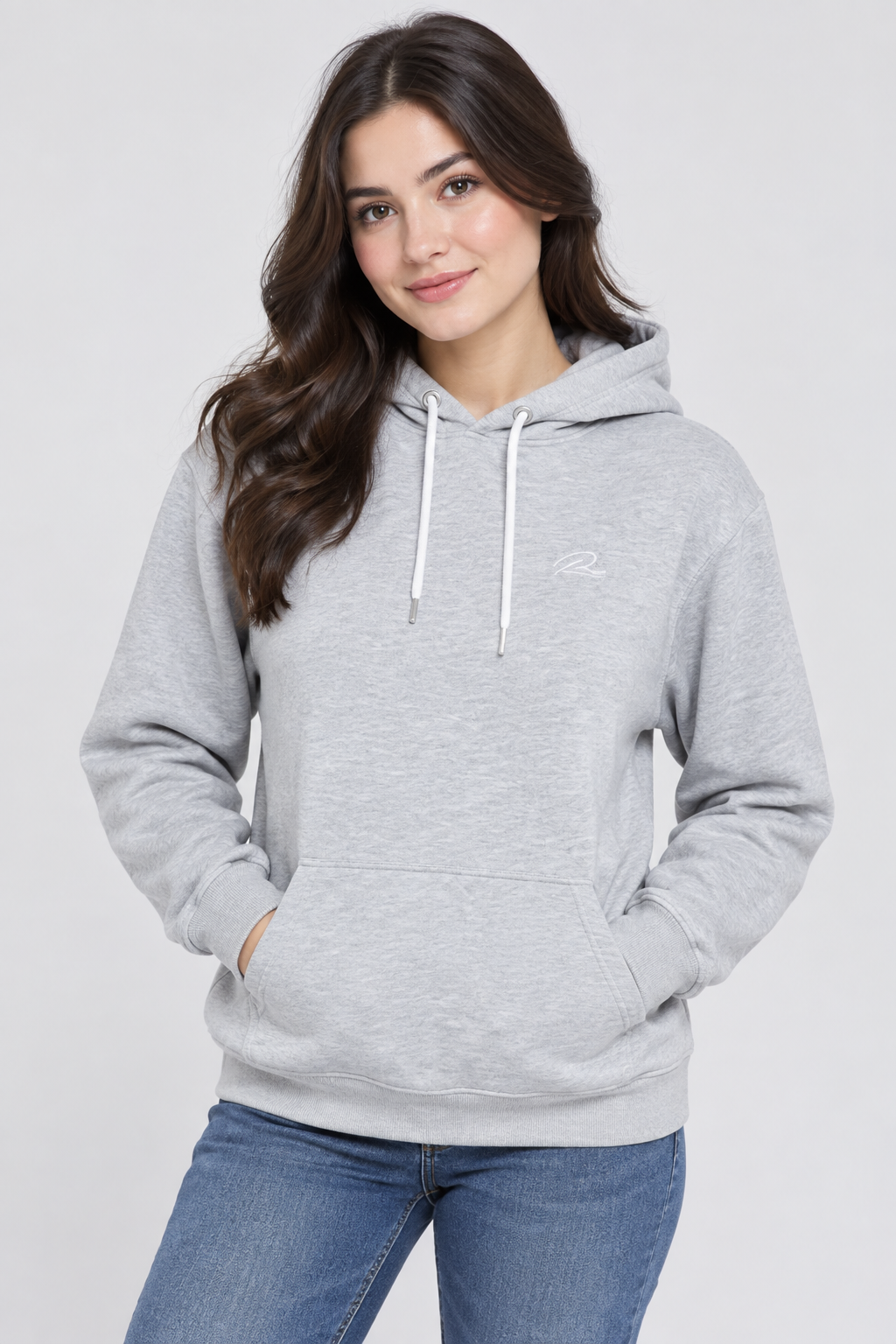  River Island women’s light grey hoodie in UK size M. Comfortable pullover design with drawstring hood, kangaroo pocket and ribbed cuffs—perfect for casual everyday wear.