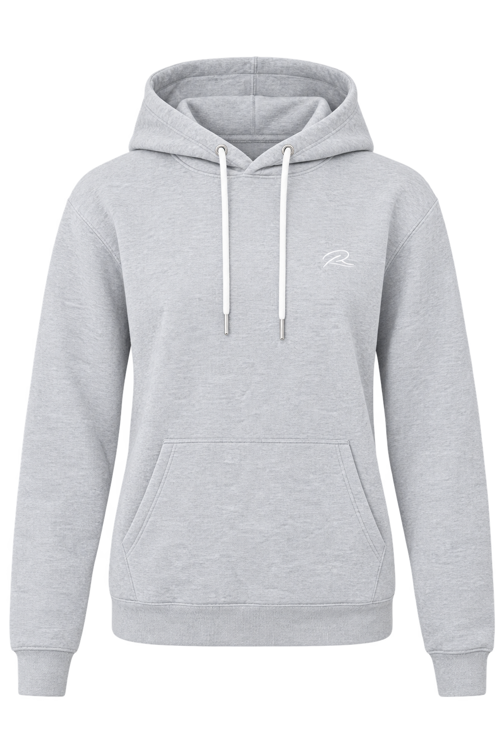  River Island women’s light grey hoodie in UK size M. Comfortable pullover design with drawstring hood, kangaroo pocket and ribbed cuffs—perfect for casual everyday wear.