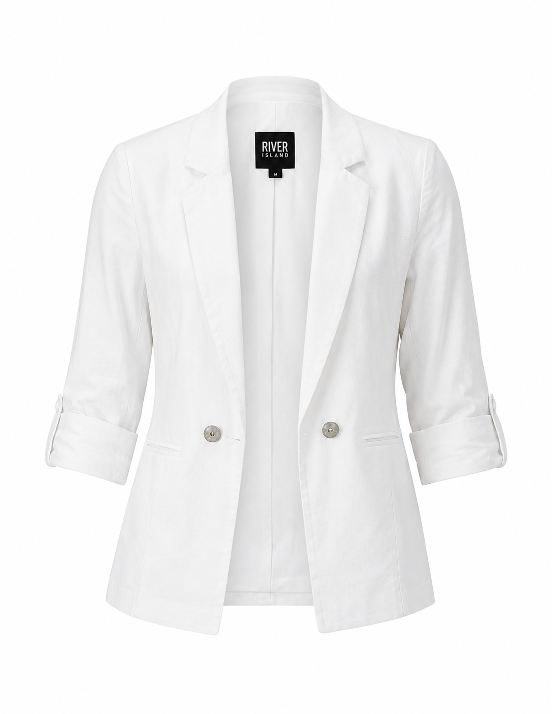RIVER ISLAND women’s white tailored blazer in UK size 12. Elegant formal design with notch lapels, two-button fastening and versatile styling.