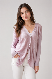   River Island women's textured knit cardigan in UK Size M, featuring a soft pale pink/lilac colour, V-neck, long sleeves and elegant waterfall front.