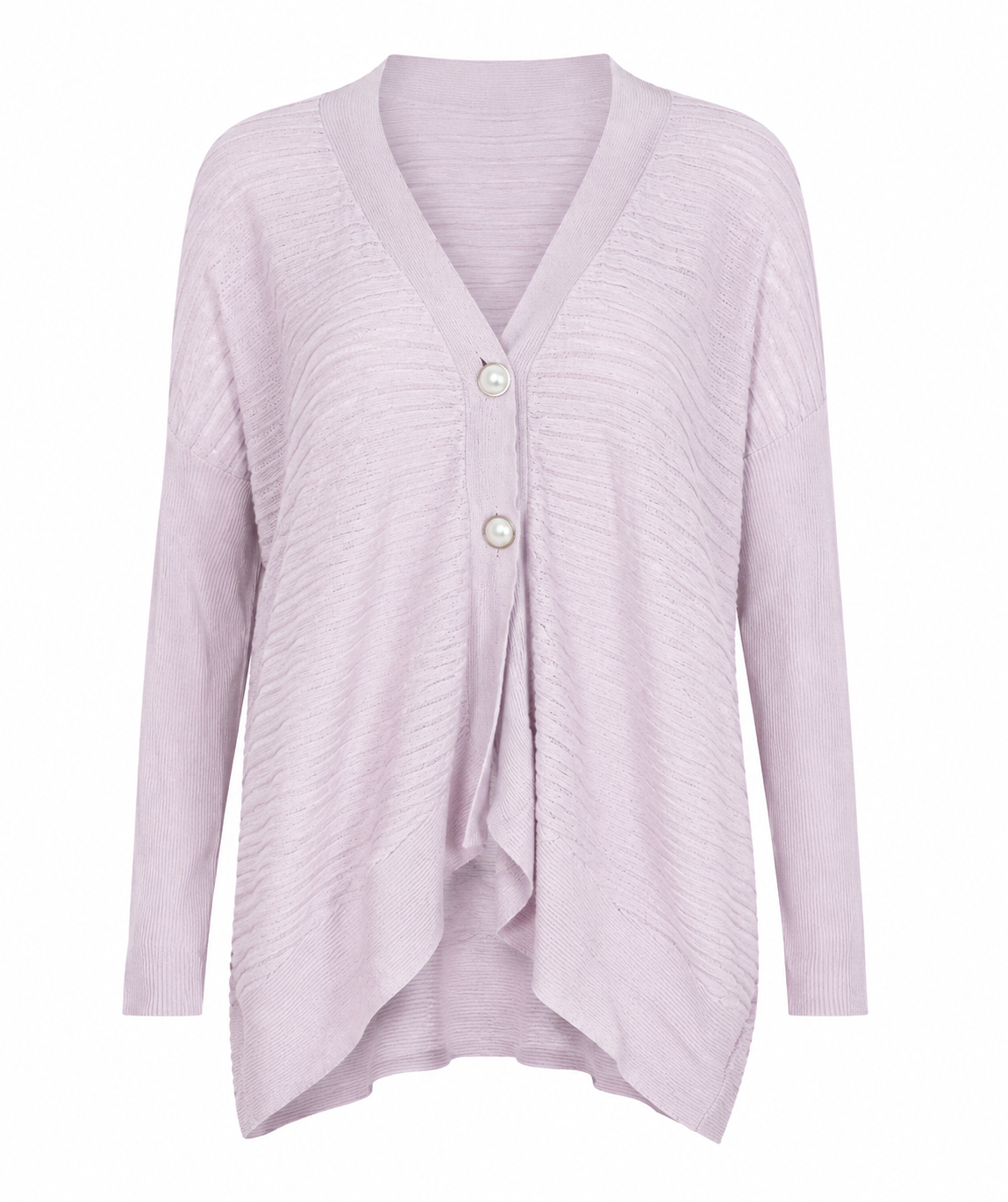   River Island women's textured knit cardigan in UK Size M, featuring a soft pale pink/lilac colour, V-neck, long sleeves and elegant waterfall front.