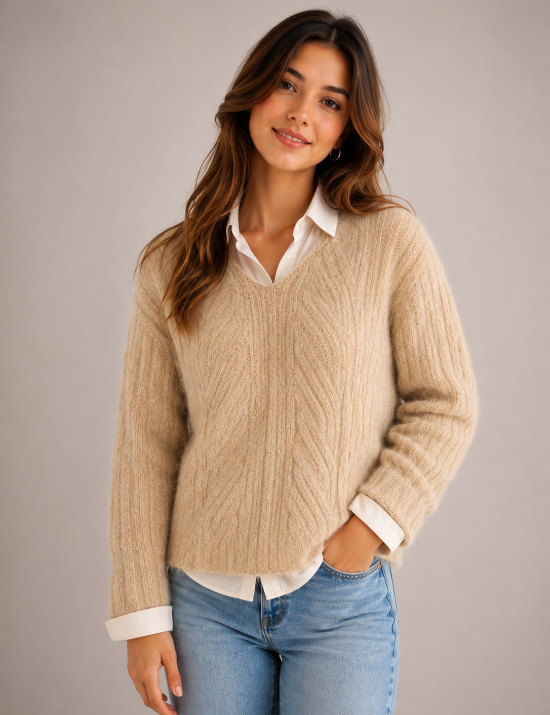   Rockmans Women's Beige Fuzzy Knit V-Neck Jumper in UK Size M. A cosy, versatile textured knit with long sleeves, perfect for stylish everyday and seasonal layering