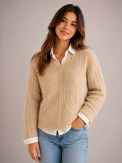   Rockmans Women's Beige Fuzzy Knit V-Neck Jumper in UK Size M. A cosy, versatile textured knit with long sleeves, perfect for stylish everyday and seasonal layering
