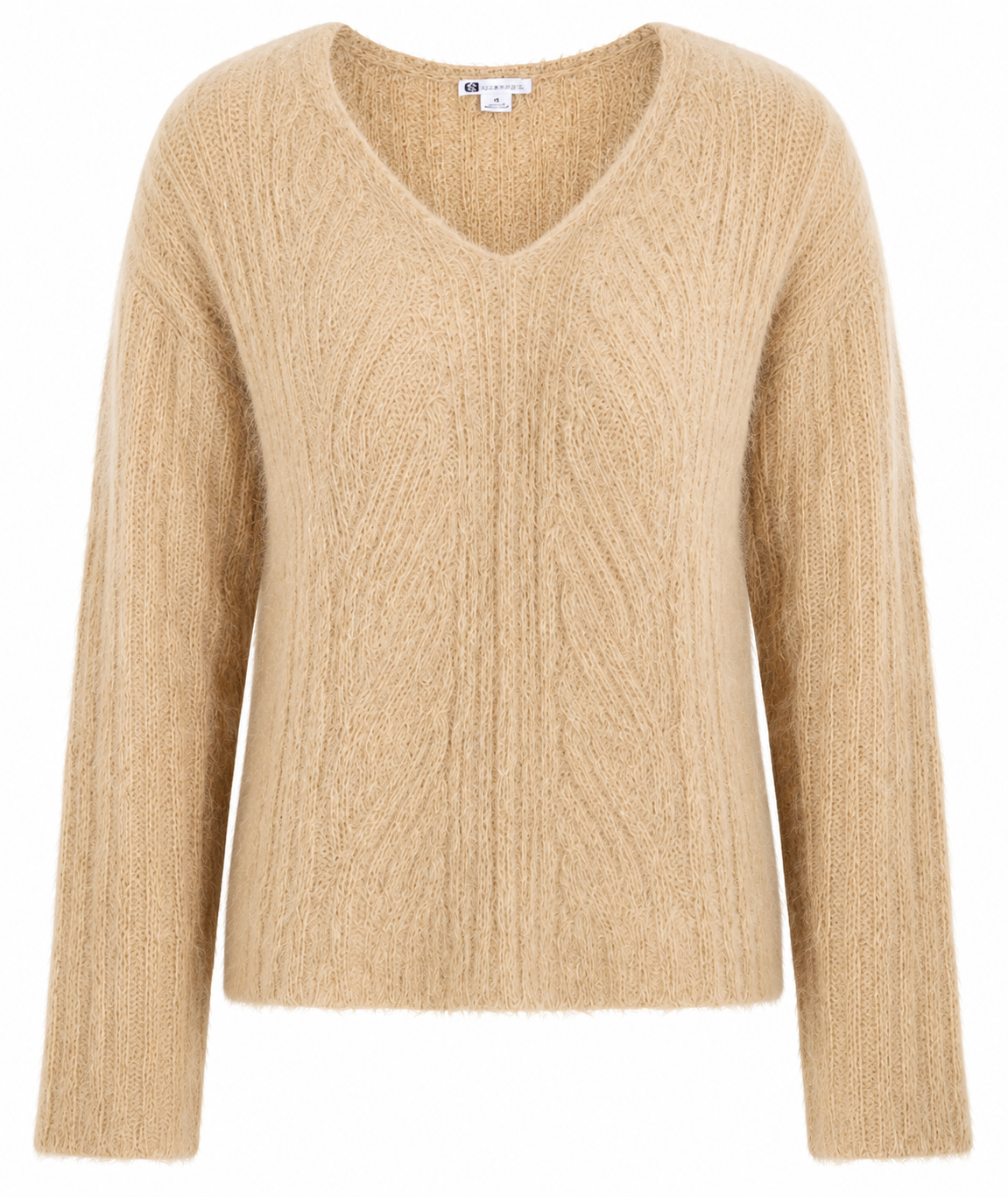   Rockmans Women's Beige Fuzzy Knit V-Neck Jumper in UK Size M. A cosy, versatile textured knit with long sleeves, perfect for stylish everyday and seasonal layering